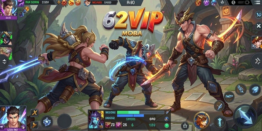 Tangkapan layar menunjukkan aksi seru dalam pertempuran MOBA di 62VIP.