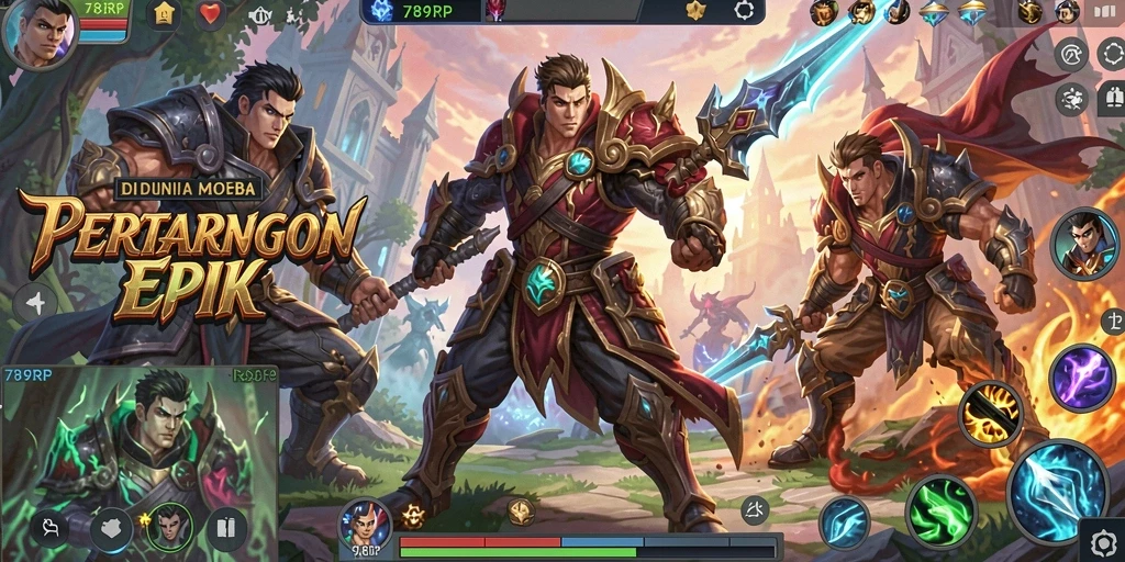 Tampilan seru pertarungan karakter dalam gameplay MOBA.