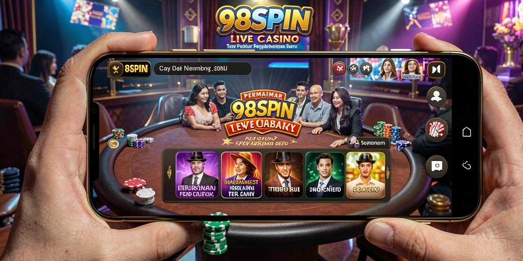 Screenshot gameplay 98SPIN yang menampilkan dealer langsung dan pemain yang berinteraksi.