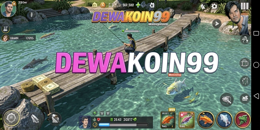 Tampilan gameplay mendebarkan DEWAKOIN99 saat memancing ikan besar.