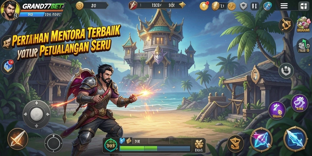 Tangkapan layar gameplay <strong>GRAND77BET</strong> menunjukkan menara yang strategis melawan gelombang musuh.