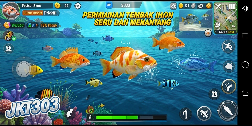 Tampilan gameplay seru dalam JKT303 yang menghadirkan aksi menembak ikan.