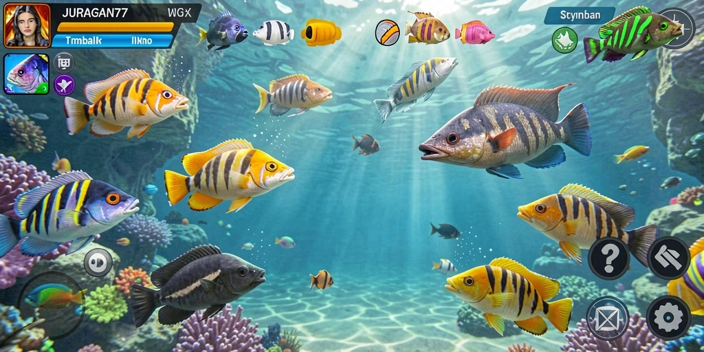 Screenshot menampilkan gameplay seru JURAGAN77 dengan ikan berwarna-warni.