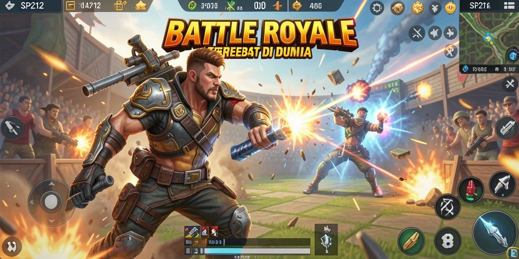 Gameplay SP212 yang penuh aksi di medan perang Battle Royale.